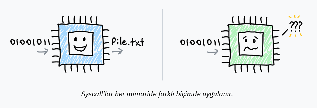 Mimariler arasında syscall uygulamalarının değiştiğini anlatan bir çizim.